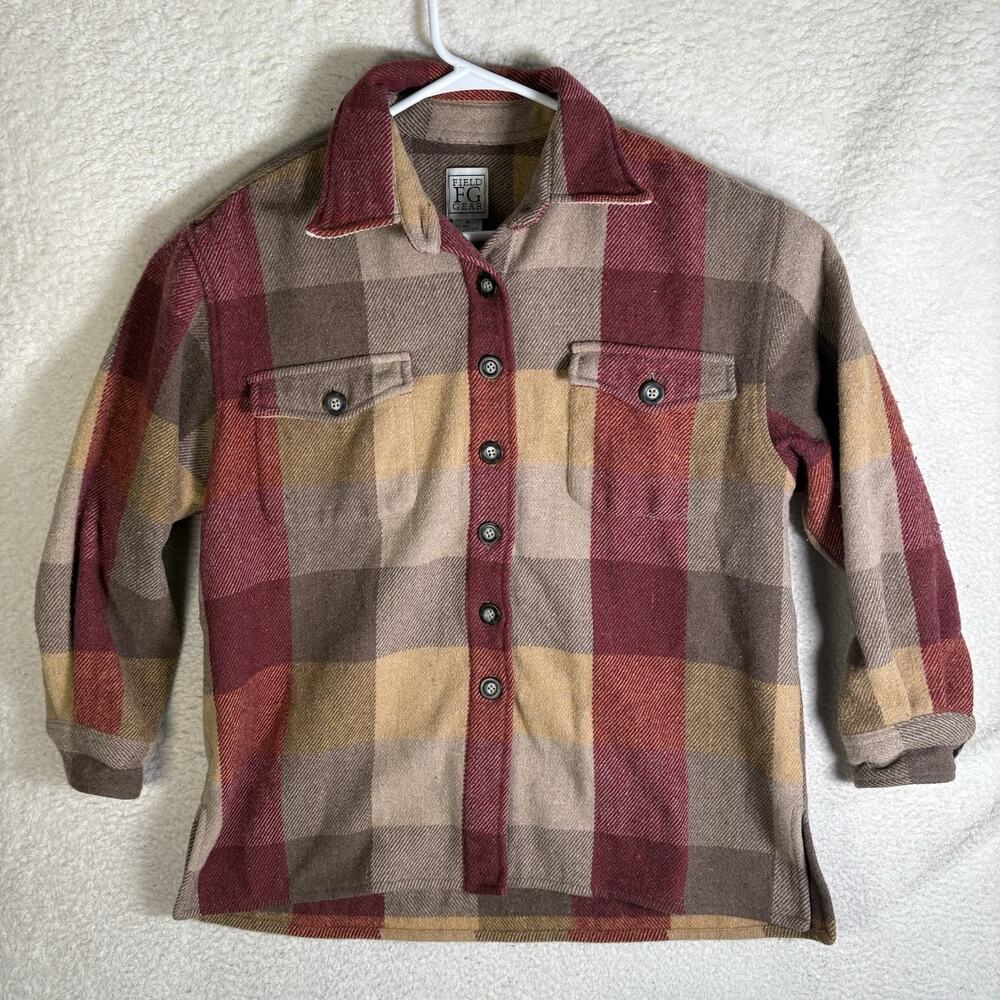Field Gear Shacket Flannel Mens Medium Plaid Red Brown Wool Blend Camp Outdoor